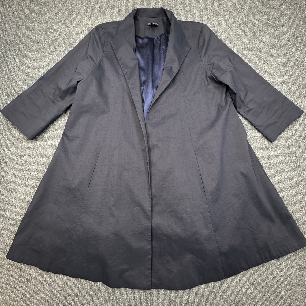 Eileen Fisher Open Front Coat Women Small Navy Ramie Silk Blend Lagenlook Jacket